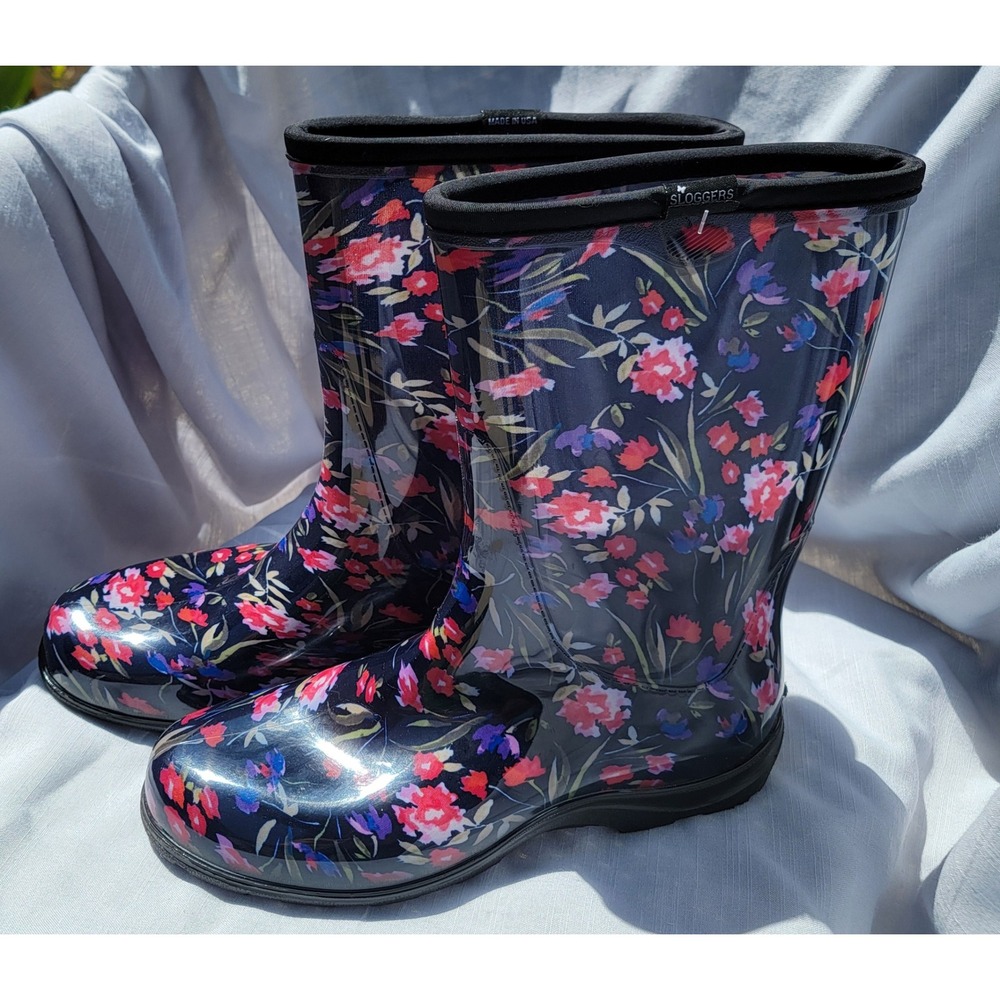 Sloggers Womens 11 Floral Rain Boots Navy Blue Waterproof Garden Mid Calf USA
